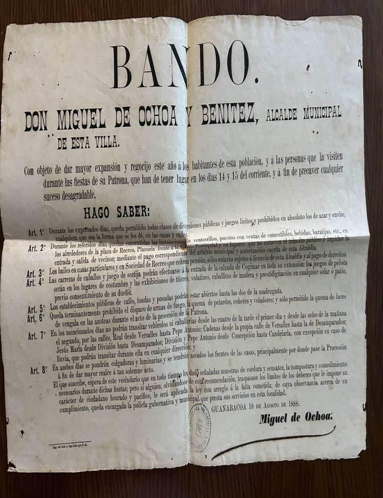 Item #189189 [BANDO. DON MIGUEL DE OCHOA Y BENITEZ, ALCALDE MUNICIPAL DE ESTA VILLA. CON OBJETO DE DAR MAYOR EXPANSI&Oacute;N Y RECOCIJO ESTE A&Ntilde;O A LOS HABITANTES DE ESTA POBLACI&Oacute;N...]. Miguel de Ochoa.